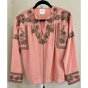 MISA LOS ANGELES Embroidered Floral Boho Tunic Top Blouse Tassel Coral Sz XS NEW